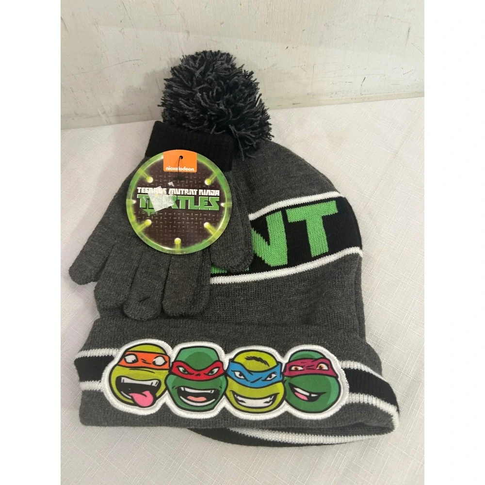 Nickelodeon TMNT Beanie and Gloves Set One Size Grey Knit Pom Pom Kids